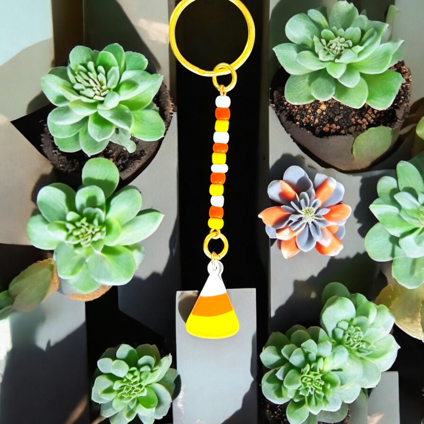 Candy Corn Charm Seed Bead Keychain