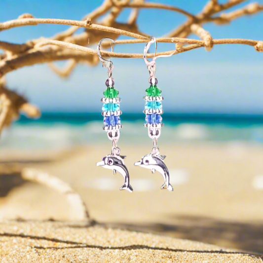 Dolphin Stainless Steel Blue/Green Beaded Earring