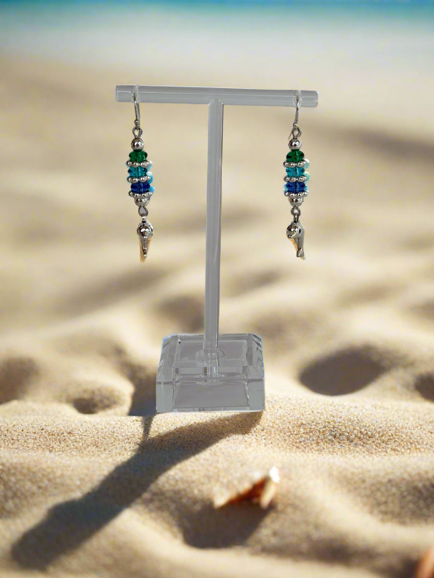Dolphin Stainless Steel Blue/Green Beaded Earring
