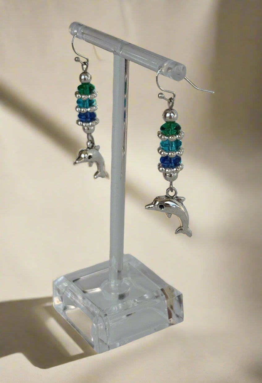 Dolphin Stainless Steel Blue/Green Beaded Earring